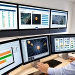 ** Railway engineers in a modern office setting, collaborating with a diverse team of professionals using project management software on large displays. Focus on transparent communication and open dialogue.

**