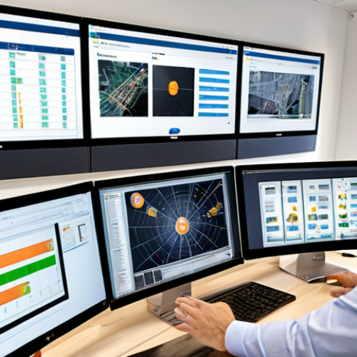 Home 18 ** Railway engineers in a modern office setting, collaborating with a diverse team of professionals using project management software on large displays. Focus on transparent communication and open dialogue.
**