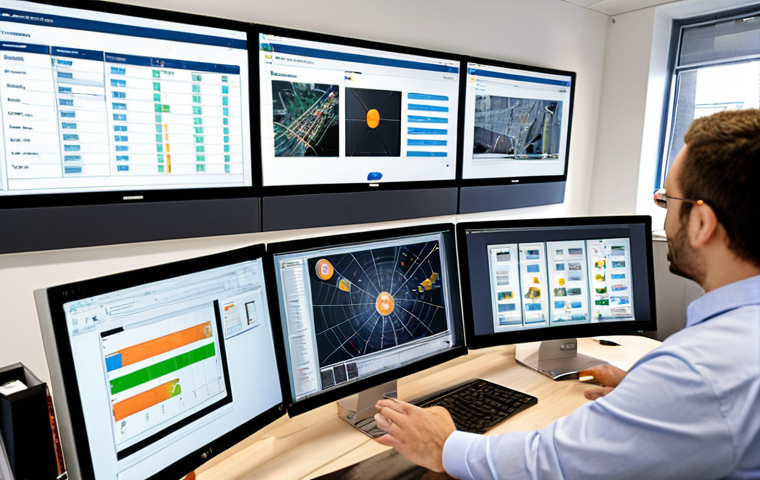 ** Railway engineers in a modern office setting, collaborating with a diverse team of professionals using project management software on large displays. Focus on transparent communication and open dialogue.
**
