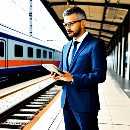 Home 17 A professional railway engineer in modest business attire, standing confidently on a high-tech railway platform, overseeing a sleek, modern high-speed train passing by. The background features advanced signaling systems and meticulously maintained tracks stretching into the distance. The scene is bathed in bright, clear daylight, emphasizing the precision and modernity of the infrastructure. The engineer holds a tablet displaying a subtle digital interface. Full body shot, medium wide angle, professional photography, realistic, high detail, fully clothed, appropriate attire, safe for work, perfect anatomy, correct proportions, natural pose, well-formed hands, proper finger count, natural body proportions, professional, modest, family-friendly.