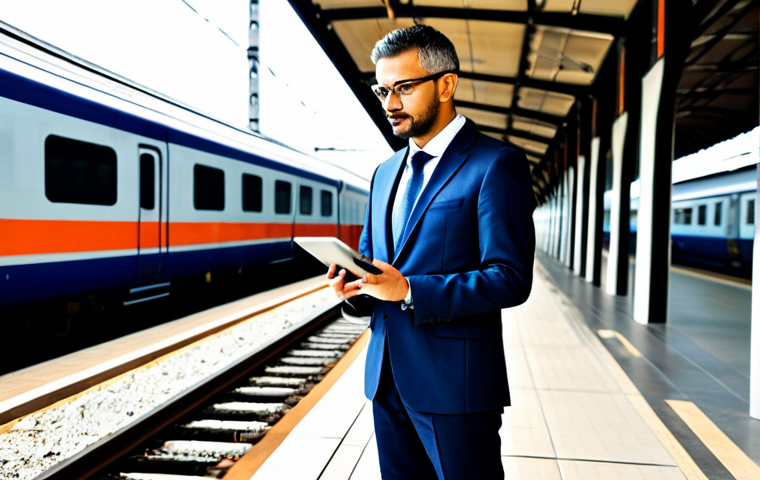 A professional railway engineer in modest business attire, standing confidently on a high-tech railway platform, overseeing a sleek, modern high-speed train passing by. The background features advanced signaling systems and meticulously maintained tracks stretching into the distance. The scene is bathed in bright, clear daylight, emphasizing the precision and modernity of the infrastructure. The engineer holds a tablet displaying a subtle digital interface. Full body shot, medium wide angle, professional photography, realistic, high detail, fully clothed, appropriate attire, safe for work, perfect anatomy, correct proportions, natural pose, well-formed hands, proper finger count, natural body proportions, professional, modest, family-friendly.