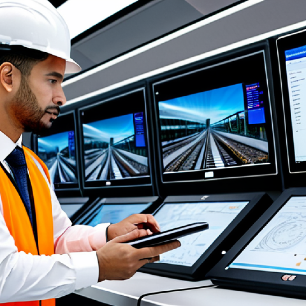 A diverse group of professional railway employees, including an engineer in a safety vest inspecting a track section with a tablet, a traffic controller at a futuristic command center monitor overseeing multiple train lines, and a project manager in a modest business suit reviewing blueprints. The background depicts a bustling modern railway hub with high-speed trains in the distance, alongside digital screens showing real-time operational data. All subjects are fully clothed, appropriate attire, professional dress. This content is safe for work, appropriate content, family-friendly, perfect anatomy, correct proportions, natural pose, well-formed hands, proper finger count, natural body proportions, professional photography, high quality, vibrant colors, clear focus.
