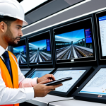 A diverse group of professional railway employees, including an engineer in a safety vest inspecting a track section with a tablet, a traffic controller at a futuristic command center monitor overseeing multiple train lines, and a project manager in a modest business suit reviewing blueprints. The background depicts a bustling modern railway hub with high-speed trains in the distance, alongside digital screens showing real-time operational data. All subjects are fully clothed, appropriate attire, professional dress. This content is safe for work, appropriate content, family-friendly, perfect anatomy, correct proportions, natural pose, well-formed hands, proper finger count, natural body proportions, professional photography, high quality, vibrant colors, clear focus.