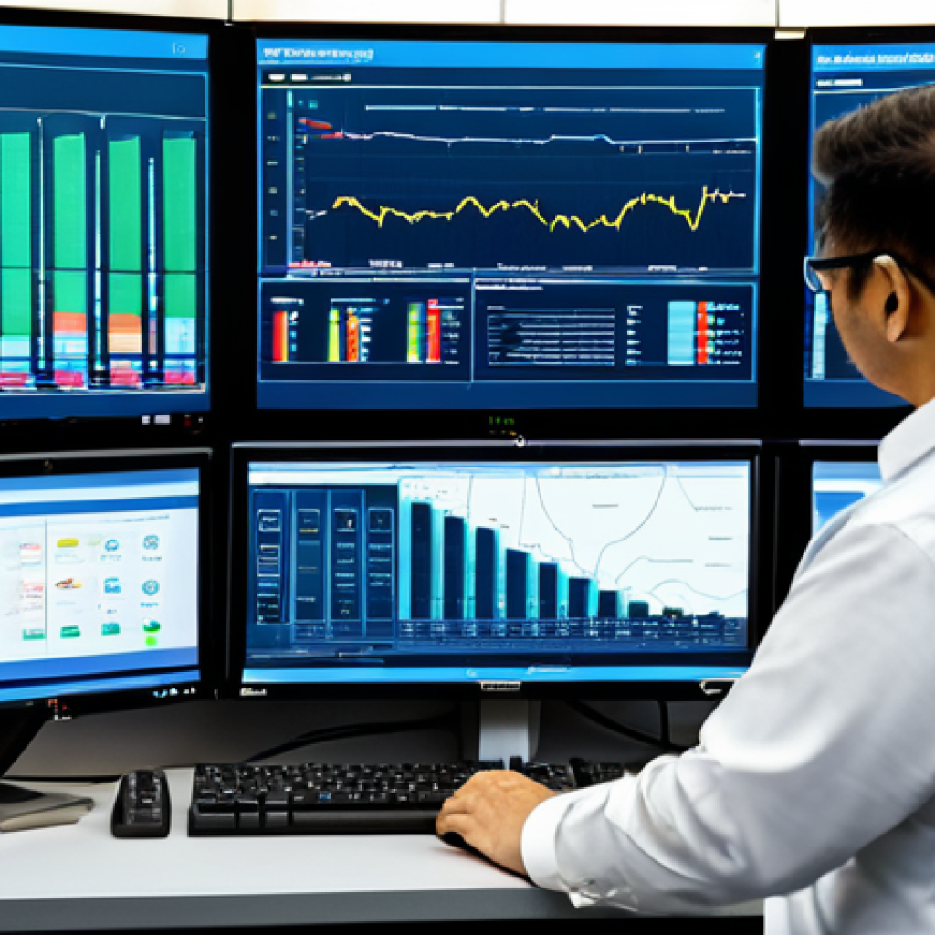 철도차량 관리 시스템 트렌드 - Predictive Maintenance Dashboard**
"A brightly lit, modern railway control center with multiple scr...