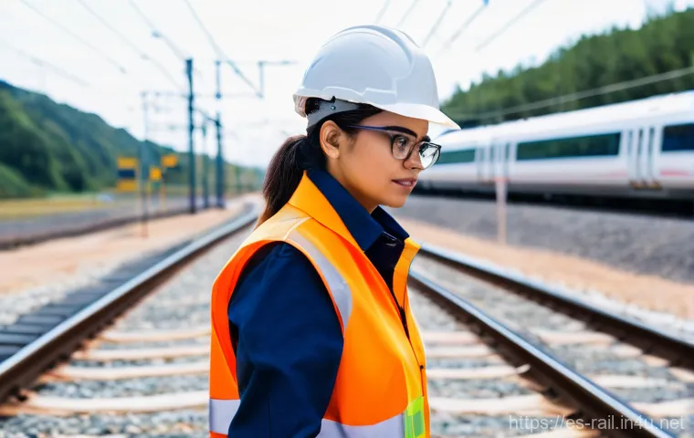철도 분야 연봉 협상 팁 - A focused female railway engineer, approximately 35 years old, of Hispanic descent, wearing a bright...