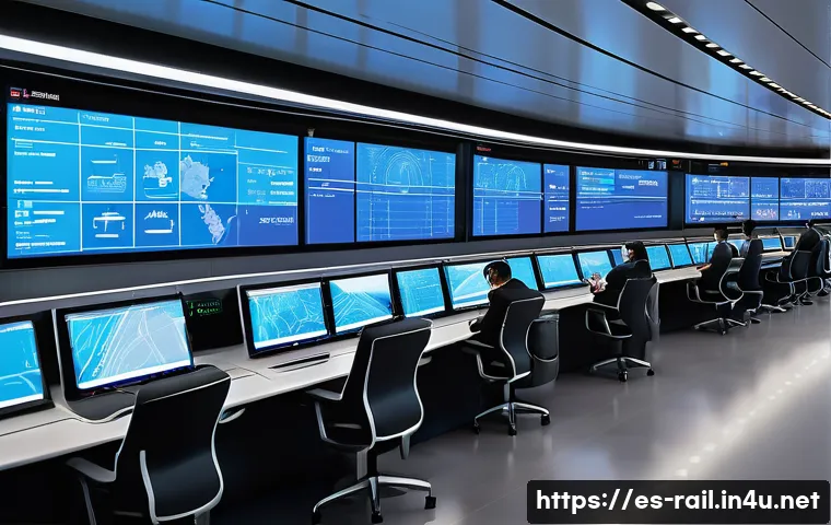 철도 디지털화 기술 - A modern European high-speed train control center interior, with large digital screens displaying re...