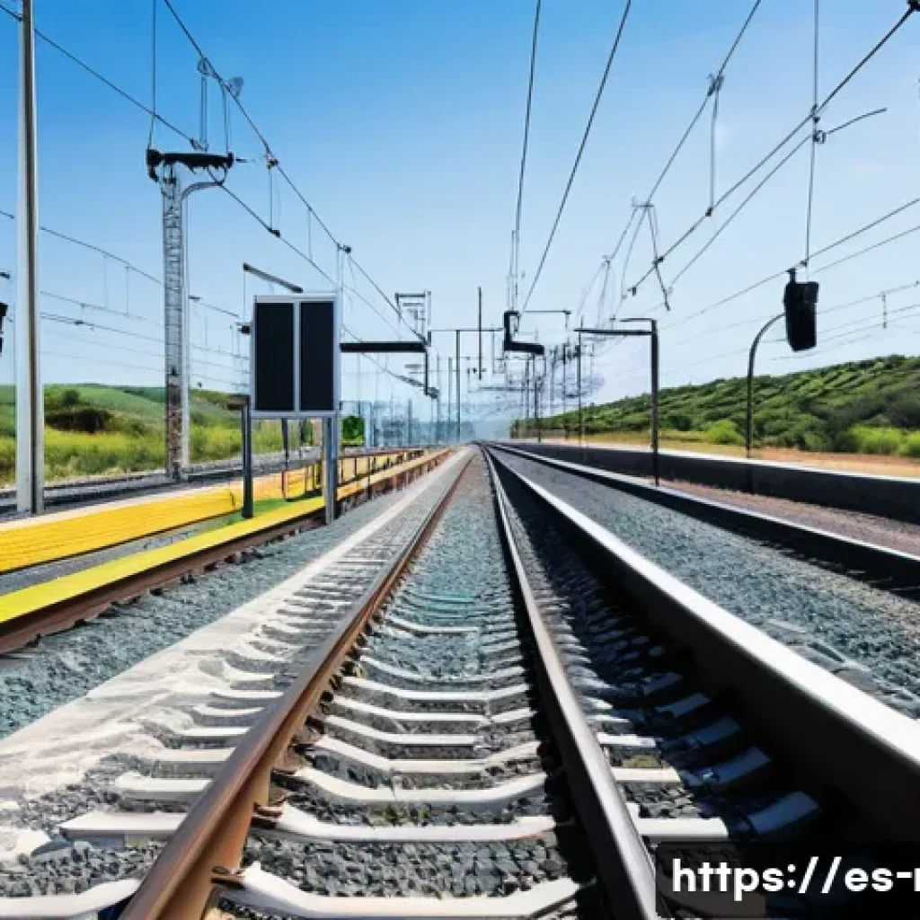 철도 시스템의 IoT 기술 활용 - A modern railway maintenance scene featuring smart IoT sensors installed along railroad tracks and m...