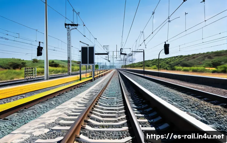 철도 시스템의 IoT 기술 활용 - A modern railway maintenance scene featuring smart IoT sensors installed along railroad tracks and m...
