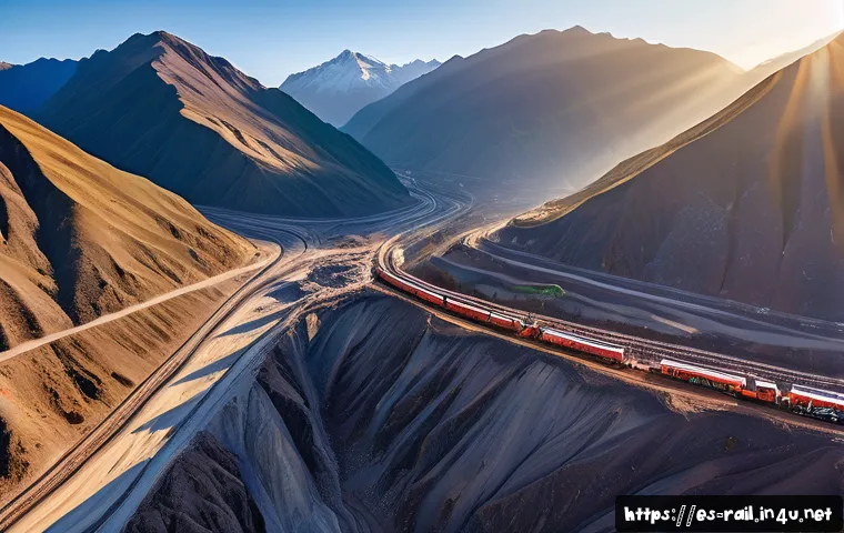 철도 프로젝트 관리 기법 - A detailed aerial view of a mountainous Andean railway construction site at sunrise, showing enginee...