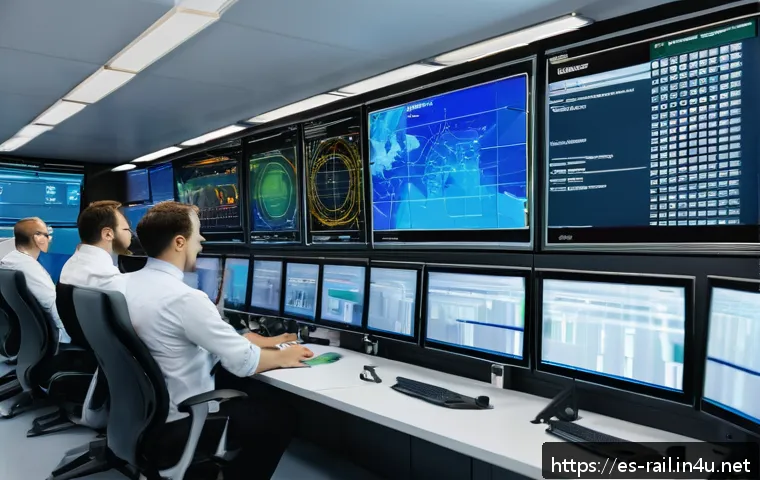 철도 직무 인터뷰 준비법 - A modern railway control room showcasing advanced digital technology, with diverse engineers and tec...