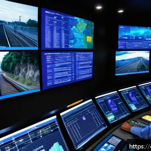 Home 30 철도안전관리 실무 - A modern railway control room with large digital screens displaying real-time data from advanced det...