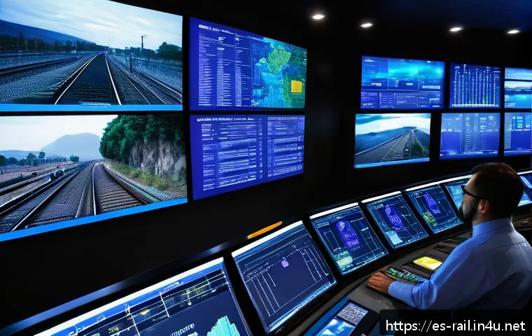 철도안전관리 실무 - A modern railway control room with large digital screens displaying real-time data from advanced det...