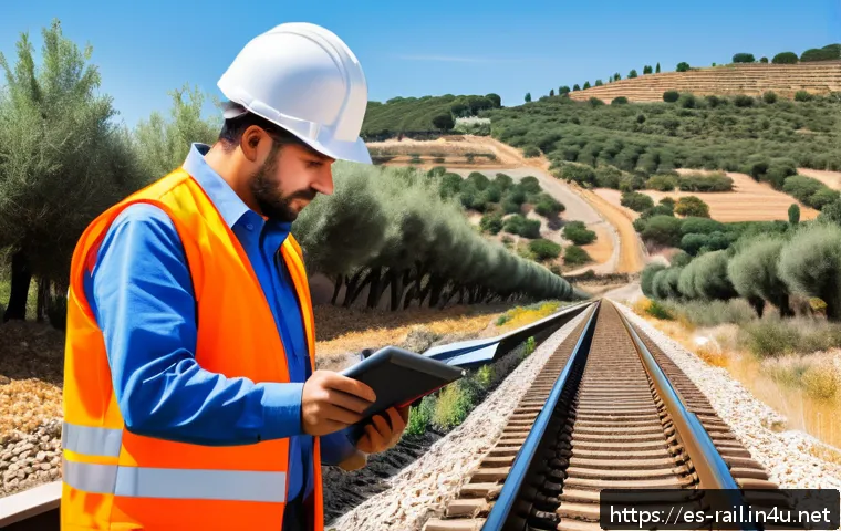 철도 유지보수 실무 팁 - A detailed scene of a modern railway maintenance crew performing preventive inspections on train tra...