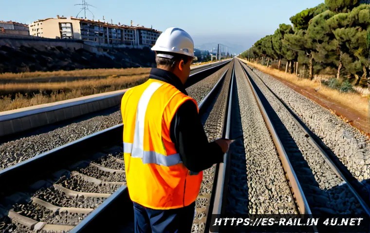 Home 17 철도기사 산업 전망 분석 - Photorealistic wide-angle scene of a Spanish railway technician in high-visibility orange safety ves...