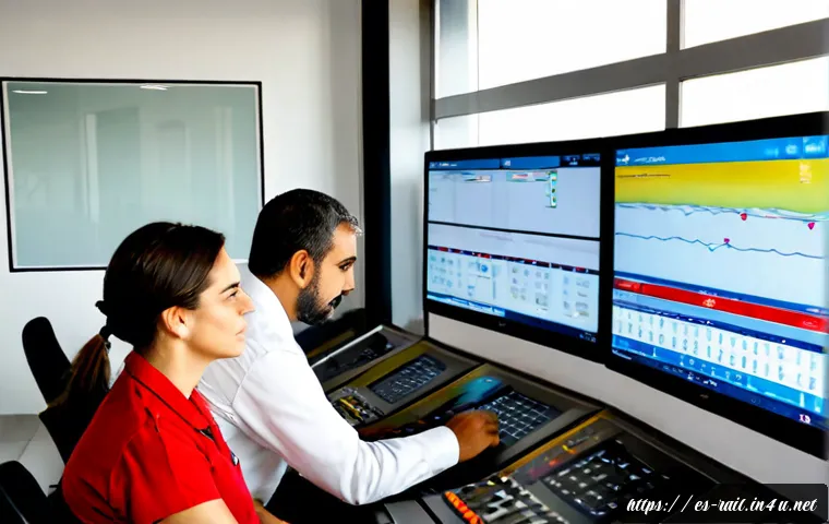 철도 운영 사례 연구 - Photorealistic railway operations control room in Spain, diverse team of dispatchers monitoring unla...